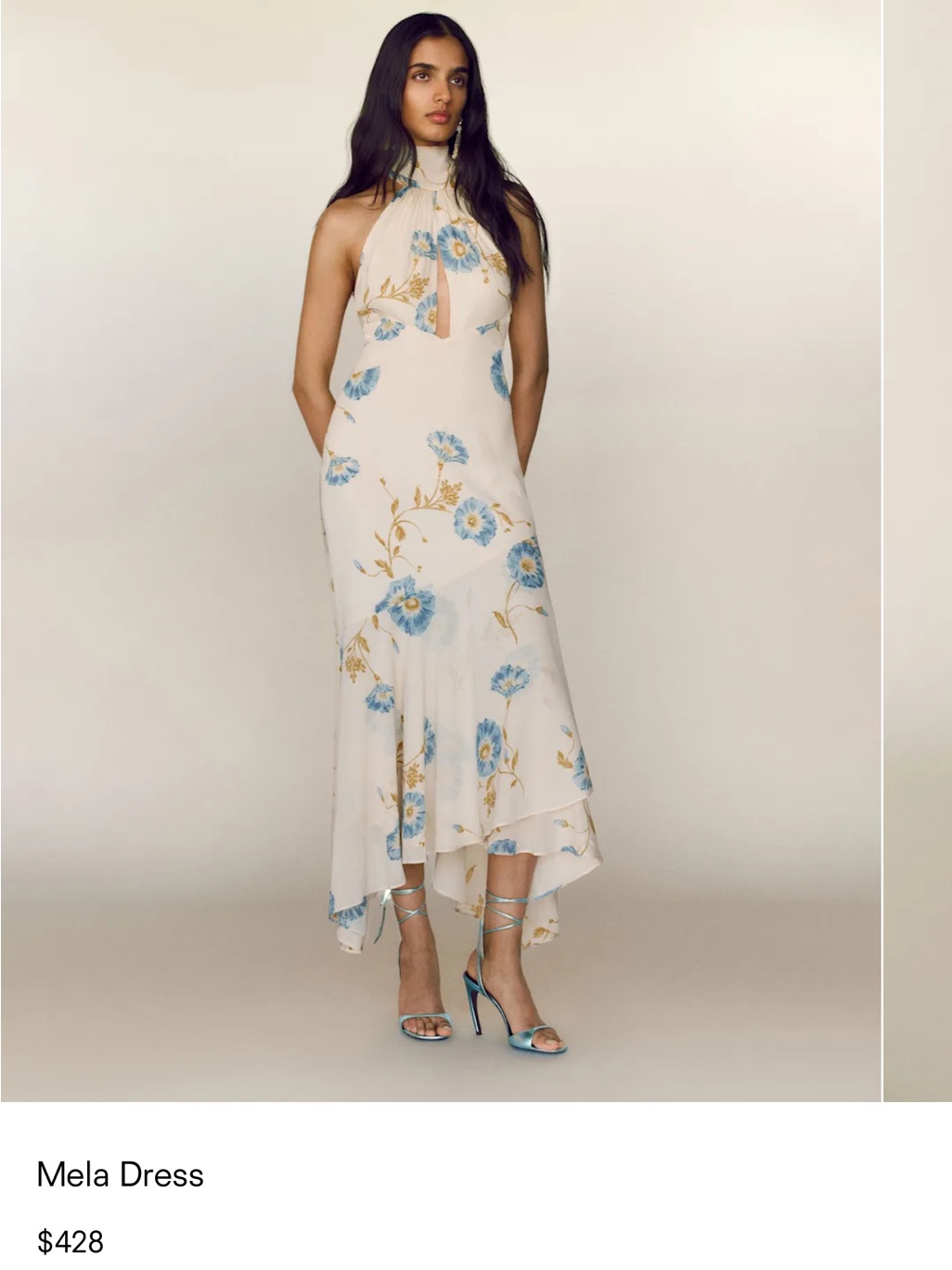 Reformation Mela Halter Midi Dress Cream With Blue Floral